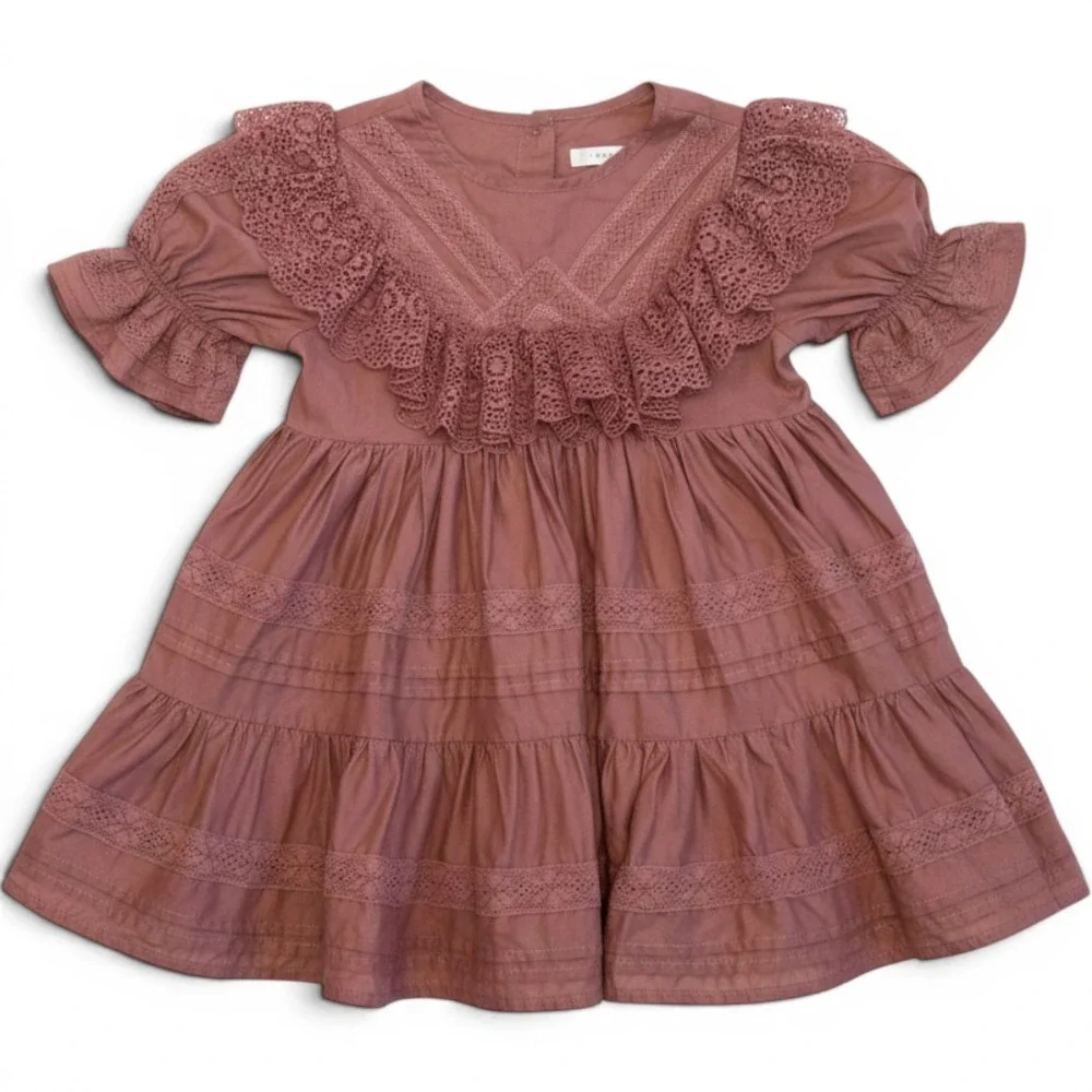 Noralee Genevieve Dress in Poppy Pink Lace Size 2 | Tiered Cotton Kids Girly